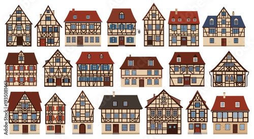 Set of traditional European timber framed houses with different architectures, red roofs, and decorative half-timbering details on white.