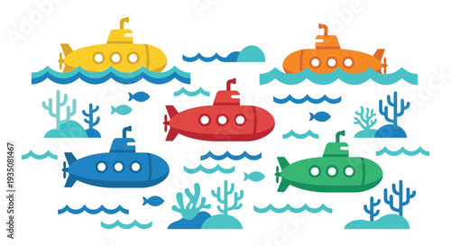 Colorful submarines navigate vibrant blue waves amidst coral reefs and marine life a playful silhouette high quality professional detailed modern elegant