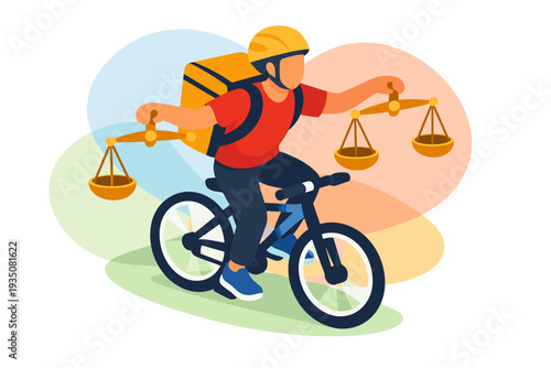 Food delivery person on bicycle balancing scales.