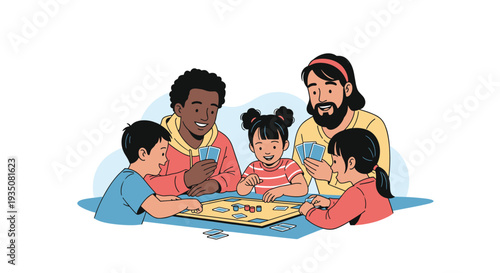 Happy diverse family members enjoy spending quality time together while playing a board game at the dining table.