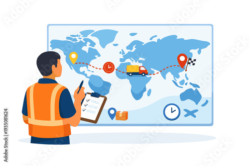 Logistics manager planning global shipping routes on world map.