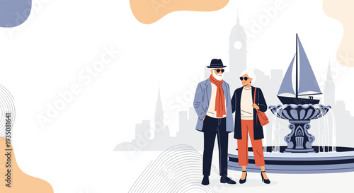 Elegant senior couple stands gracefully by a city fountain featuring a sailboat sculpture against an urban skyline.