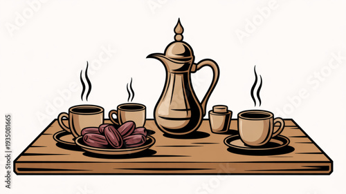Traditional arabic coffee setup with dates on wooden table steam rising from cups and pot