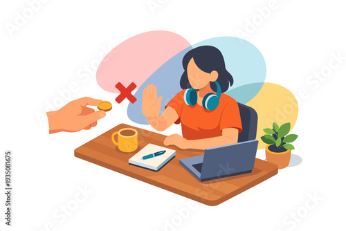 Woman refuses bribe at her desk while working.