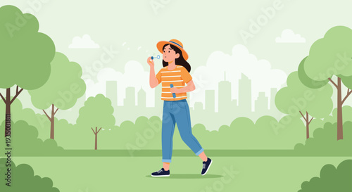 Happy young woman in a summer hat enjoys blowing bubbles while walking through a lush green park with city views.