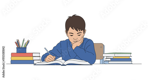 Young boy sits at a desk cluttered with books and focuses intently on his studies or homework in a quiet setting.