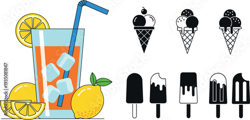 Summer Drinks and Ice Cream Dessert Icon Set with Lemon Juice Popsicles and Sweet Frozen Treat Symbols for Menu Design