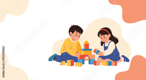 Two young children play together on the floor while building a tall and colorful tower with various plastic blocks.
