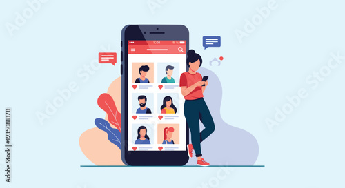 Woman uses her smartphone while standing next to a giant screen displaying a dating application with profiles.