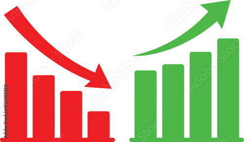 Contrast between declining and rising bar graphs with directional arrows