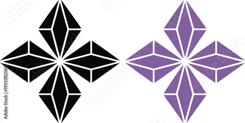 Geometric diamond shapes composed of interconnected triangles in contrasting colors.