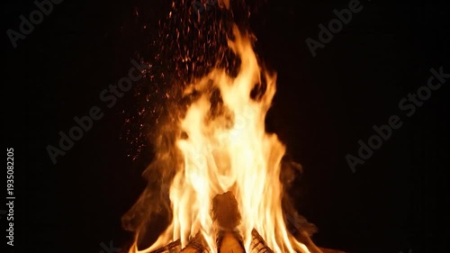 Bright orange and yellow flames dance from burning logs against a dark night