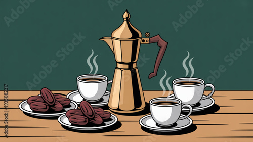 Steaming cups of coffee with dates on a wooden table and a traditional arabic coffee pot