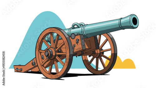 Historical military cannon positioned on wooden wheels against a stylized blue mountain background in a clean vector graphic design.