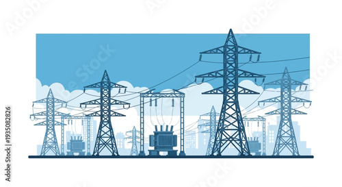 A minimalist depiction of electrical power lines transmission towers and substations against a cloudy skyline silhouette high quality professional detailed modern