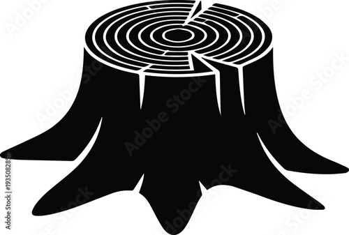 Minimalist black tree stump with growth rings silhouette vector icon