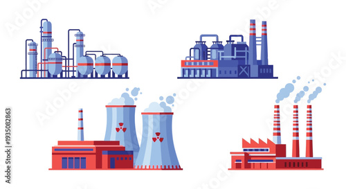 Industrial complex with factory buildings smokestacks and processing towers depicted in a flat graphic silhouette high quality professional detailed modern elegant