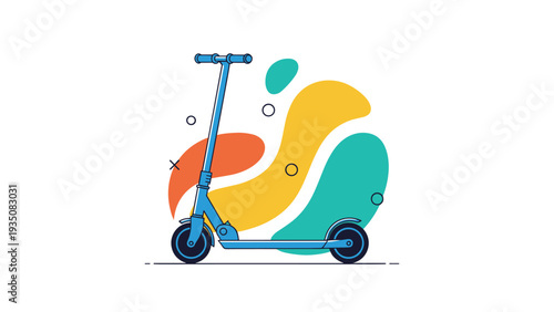Modern blue kick scooter for children or adults shown against a colorful abstract background with orange, yellow, and green shapes.