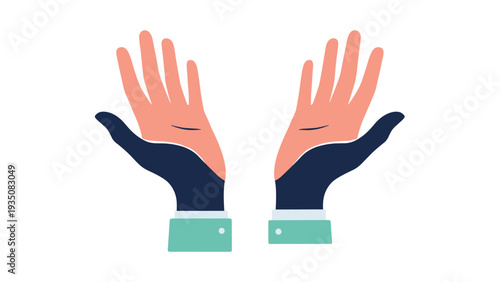 Two human hands with dark blue palms and pink fingers held open in a gesture of receiving, giving, or praying on a white background.
