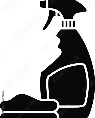 Minimalist black spray bottle and a cleaning cloth silhouette vector icon