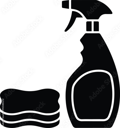 Minimalist black spray bottle and a cleaning cloth silhouette vector icon