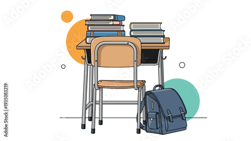 Classic school classroom scene showing a wooden desk piled high with books and a blue backpack sitting on the floor next to a chair.