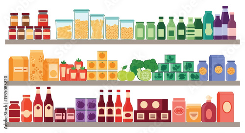 A colorful arrangement of pantry shelves displaying various food items in jars and boxes silhouette high quality professional detailed modern elegant