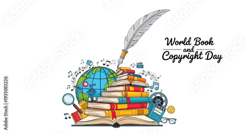 Colorful Illustration of Books and Quill Pen.