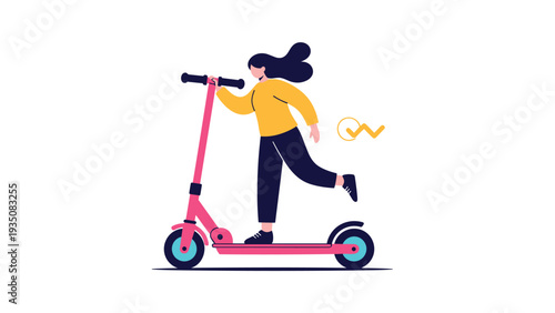 Young woman with long dark hair riding a bright pink kick scooter across a white background with a small yellow graphic element behind her.