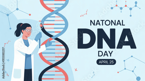Scientist examining dna double helix structure on national dna day april 25 genetics concept