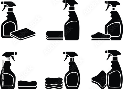 Set of Minimalist black spray bottle and a cleaning cloth silhouette vector icon