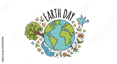 Earth Day Illustration with Globe and Flowers.