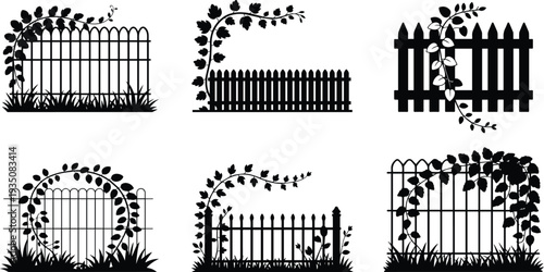 Set of Minimalist black garden fence with a climbing vine plant silhouette vector icon