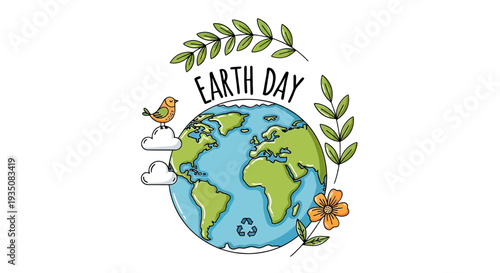 Earth Day Illustration with Globe and Leaves.