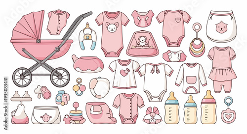 Pink Newborn Baby Girl Clothes and Accessories Set Vector