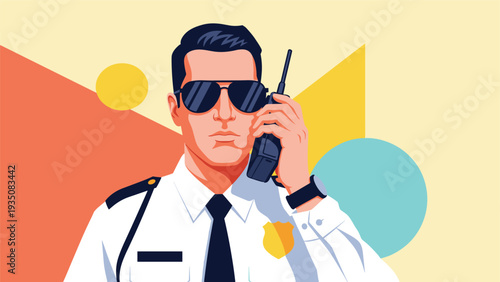 Serious security guard or police officer in a white uniform wearing aviator sunglasses and speaking into a handheld radio transmitter.