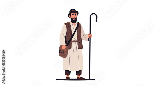 Biblical character or humble shepherd figure wearing a simple tunic and vest, holding a long wooden staff and a bag on a white background.