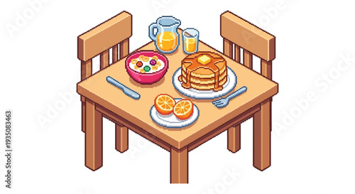 A pixelated breakfast scene featuring pancakes cereal juice and fruit presented in isometric view silhouette high quality professional detailed modern elegant