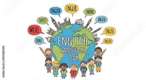 English Language Day Cartoon Illustration Globe Children.