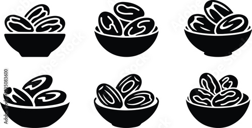 Set of Minimalist black small bowl of dates silhouette vector icon