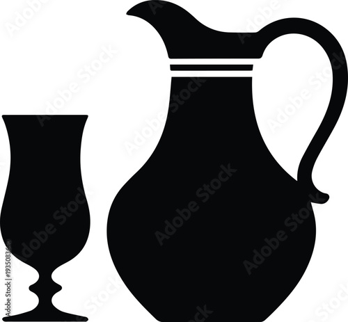 Minimalist black traditional pitcher and a tall glass silhouette vector icon
