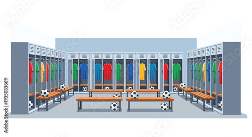 A brightly colored locker room with soccer jerseys balls and benches presented as a flat silhouette high quality professional detailed modern