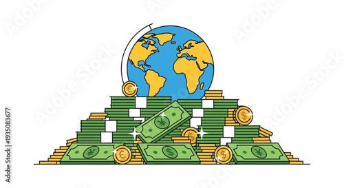 A colorful illustration depicts global finance and wealth accumulation with currency symbols and a world globe silhouette high quality professional detailed
