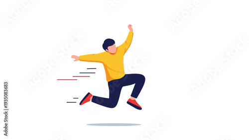 Energetic young man in a yellow sweatshirt and blue pants jumping or running in the air against a minimalist white background.