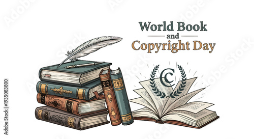 Stack of books with quill and copyright symbol.