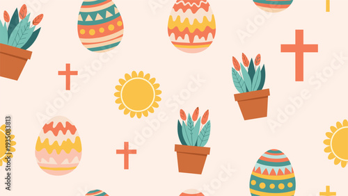 Seamless Easter pattern featuring decorated eggs, potted plants, Christian crosses, and yellow sun icons on a light pink background.
