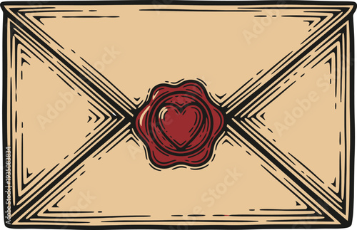 Classic envelope sealed with wax heart stamp linocut vector illustration for Global Love Day 