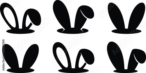 Set of Minimalist black bunny ears emerging from hole silhouette vector icon