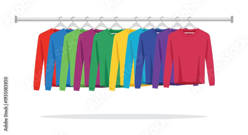 A colorful collection of long sleeved shirts hangs neatly on a rack presented as a striking silhouette high quality professional detailed modern