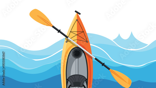 Top-down view of an orange and yellow kayak with a single paddle floating on blue ocean waves, representing water sports and adventure.